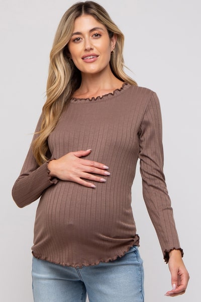 PinkBlush Brown Rib Knit Lettuce Trim Maternity Long Sleeve Top