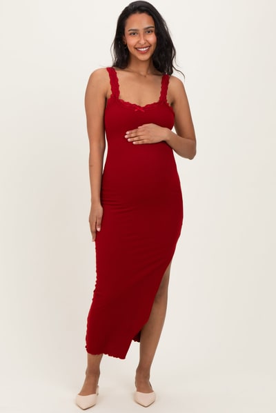 PinkBlush Burgundy Lace Trim Side Slit Maternity Tank Dress