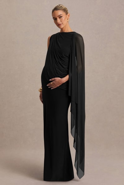 Club L London Cristina | Black High-Neck Maternity Maxi Dress With Cape-Sleeve