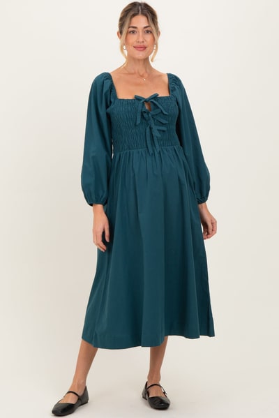 PinkBlush Forest Green Bow Detail Smocked Maternity Midi Dress