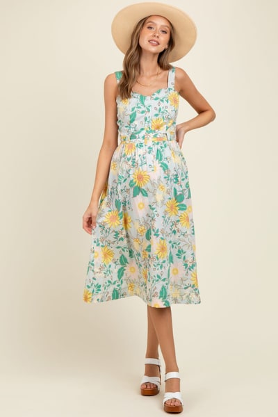 PinkBlush Green Floral Button Front Sash Tie Maternity Midi Dress