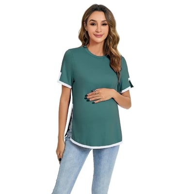 Target Coolmee Women's Maternity Tops Notched Short Sleeve Round Neck White Edge Side Slit Comfortable Fit Stylish Design Pregnancy Tops M Dark Green