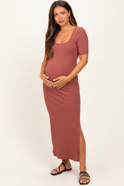 PinkBlush Mauve Ribbed Short Sleeve Side Slit Maternity Midi Dress
