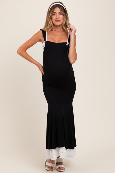 PinkBlush Black Knit Tie Detail Sleeveless Mermaid Maxi Maternity Dress