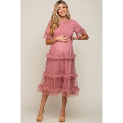 Target Pinkblush Pink Polka Dot Tulle Smocked Maternity Midi Dress Small