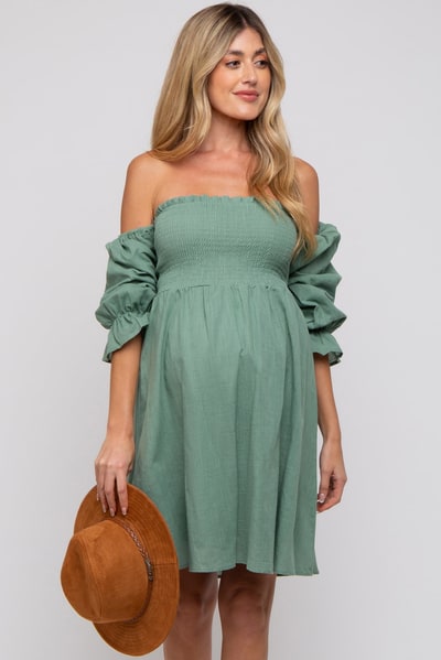 PinkBlush Green Smocked Off Shoulder Long Sleeve Maternity Dress