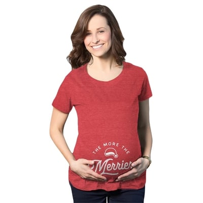 Target Maternity The More The Merrier T Shirt Funny Christmas Baby Pregnancy Announcement Tee - Crazy Dog Maternity T Shirt Gift For Christmas Red S