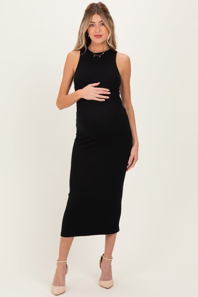 PinkBlush Black Knit Open Tie Back Sleeveless Maternity Midi Dress