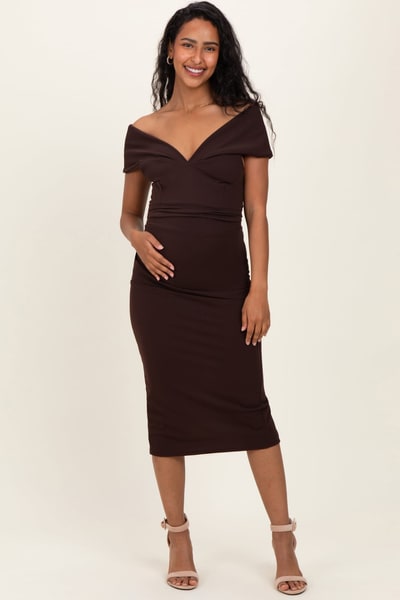 PinkBlush Brown Off Shoulder Fitted Maternity Midi Dress