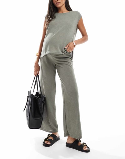 ASOS Mamalicious Maternity knit wide leg pants in khaki - part of a set