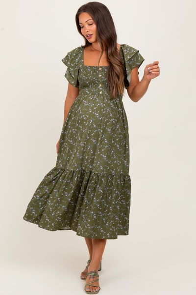PinkBlush Olive Floral Smocked Flutter Sleeve Maternity Midi Dress