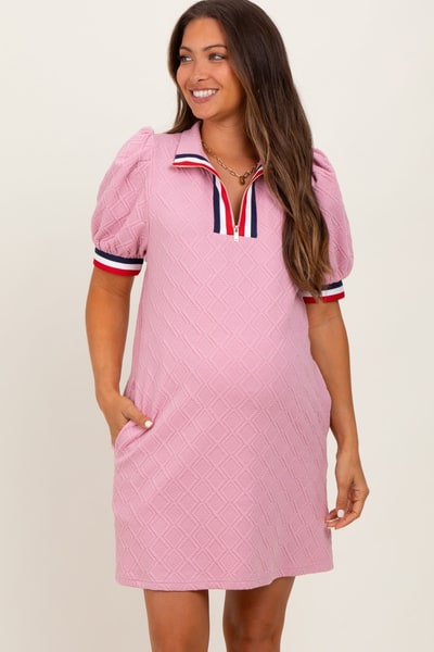 PinkBlush Pink Jacquard Zipper Collar Maternity Mini Dress