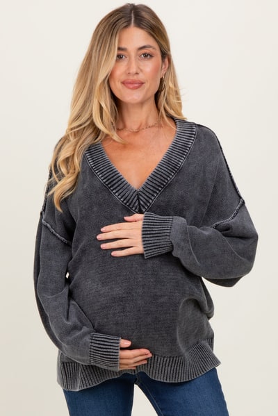 PinkBlush Black Vintage Wash Oversized V-Neck Maternity Sweater