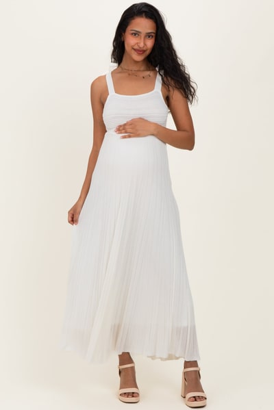 PinkBlush Off White Textured Knit Shoulder Tie Maternity Midi Dress