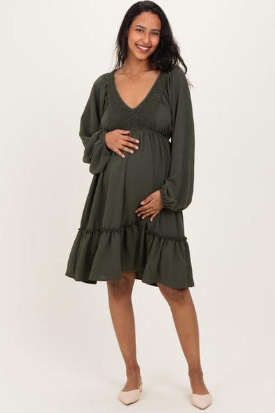 PinkBlush Olive Long Sleeve V-Neck Tiered Maternity Midi Dress