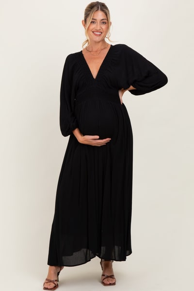 PinkBlush Black Solid Long Sleeve V-Neck Smocked Detail Maternity Maxi Dress