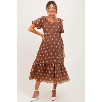 Target Pinkblush Brown Floral Embroidered Tiered Maternity Midi Dress Medium