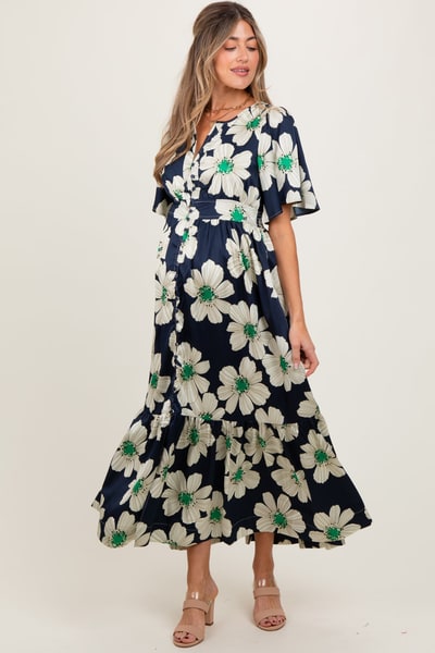 PinkBlush Navy Notched Collar Floral Button Down Maternity Maxi Dress