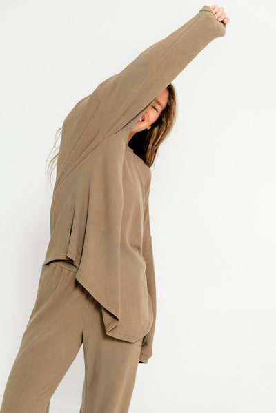 Worth Collective Naomi Oversized Fleece Long Sleeve Top in Olive Brown - Bump Friendly *PRE-ORDER*