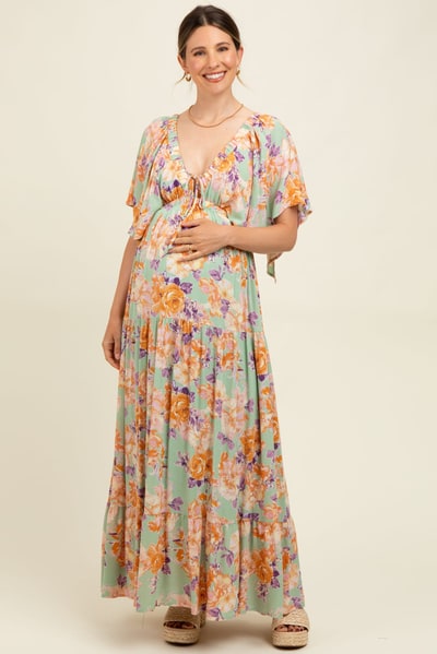 PinkBlush Sage Floral Flyway Sleeve V-Neck Tiered Maternity Maxi Dress