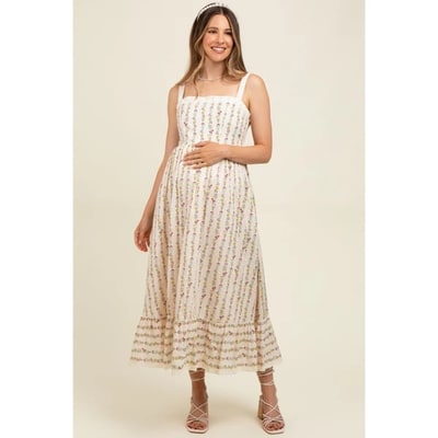 Target Pinkblush Cream Floral Textured Cotton Lace Trim Maternity Maxi Dress Medium