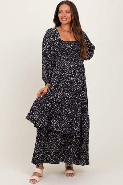 PinkBlush Black Floral Asymmetrical Ruffle Hem Maternity Maxi Dress