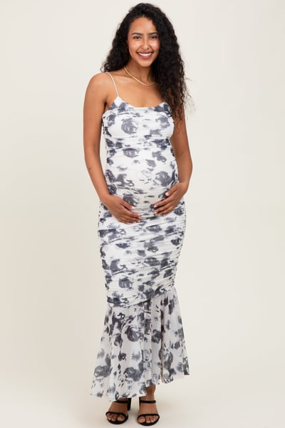 PinkBlush Grey Rose Floral Mesh Ruched Maternity Midi Dress