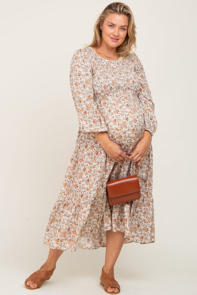 PinkBlush Cream Floral Smocked 3/4 Sleeve Maternity Plus Midi Dress