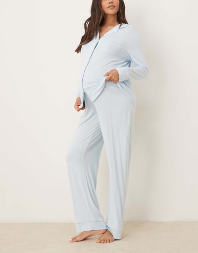ASOS super soft long sleeve shirt & pants pajama set in light blue