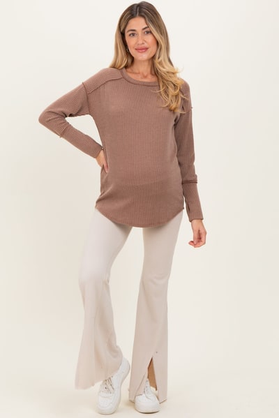 PinkBlush Mocha Textured Rib Thumb Hole Maternity Long Sleeve Top