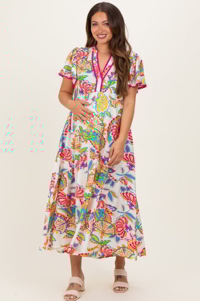 PinkBlush Cream Boho Print Lace Trim Tiered Maternity Midi Dress