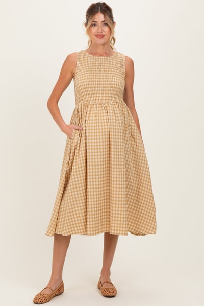 PinkBlush Yellow Gingham Smocked Sleeveless Maternity Midi Dress