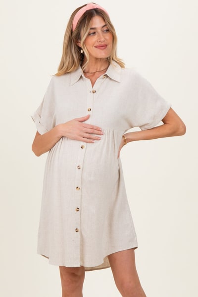PinkBlush Sand Dolman Sleeve Linen Maternity Shirt Dress