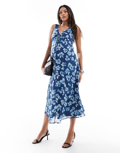 ASOS V neck midi dress with ruched bust detail in blue floral