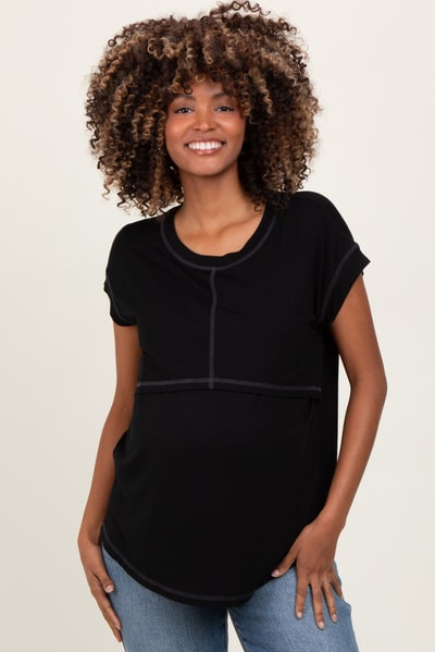 PinkBlush Black Double Layer Short Sleeve Maternity Nursing Top