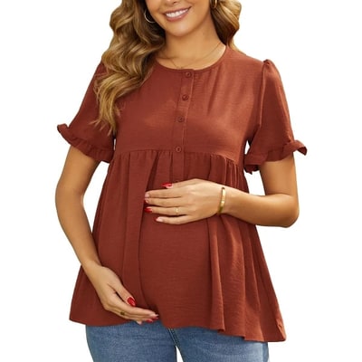 Target INSPIRE CHIC Women's Maternity Casual Round Neck Ruffle Sleeve Button Up T-Shirts Babydoll Loose Fit Peplum Tops Small Brown
