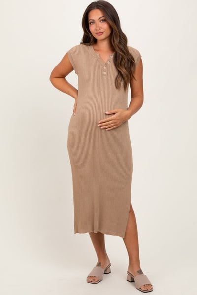 PinkBlush Mocha Ribbed Knit Button Up Sleeveless Maternity Midi Dress