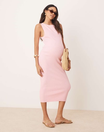 ASOS wide rib knit slash neck midaxi dress in pink