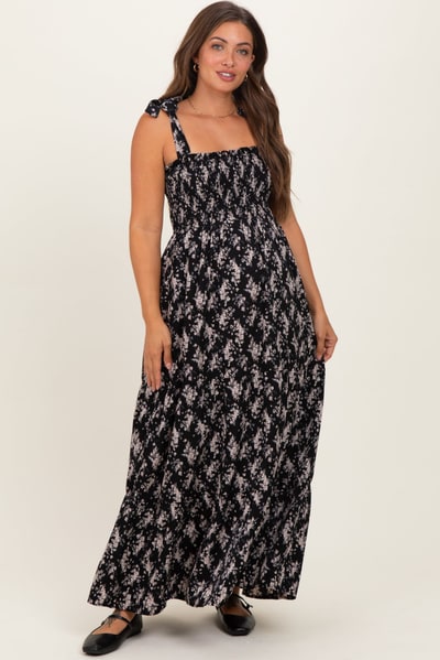 PinkBlush Black Floral Shoulder Tie Maternity Maxi Dress