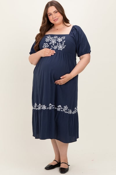 PinkBlush Navy Embroidered Floral Square Neck Maternity Plus Maxi Dress