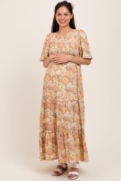 PinkBlush Peach Floral Smocked Ruffle Tier Maternity Maxi Dress