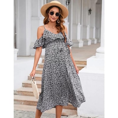 Target WhizMax Women's Maternity Dress Floral Ruffles Sleeveless Spaghetti Strap Dress V Neck A Line Tiered Flowy Nursing Dress Black S