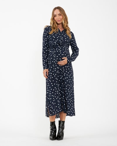 Ripe Maternity Spot Shirt Dress  Navy / White