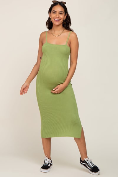 PinkBlush Light Olive Ribbed Knit Side Slit Maternity Midi Dress