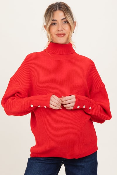 PinkBlush Red Button Accent Turtleneck Maternity Sweater