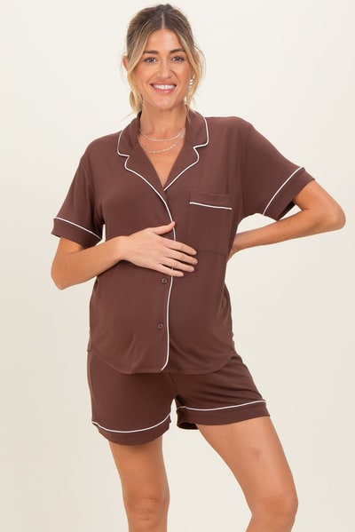 PinkBlush Brown Short Sleeve Button Down Shirt Shorts Maternity Set
