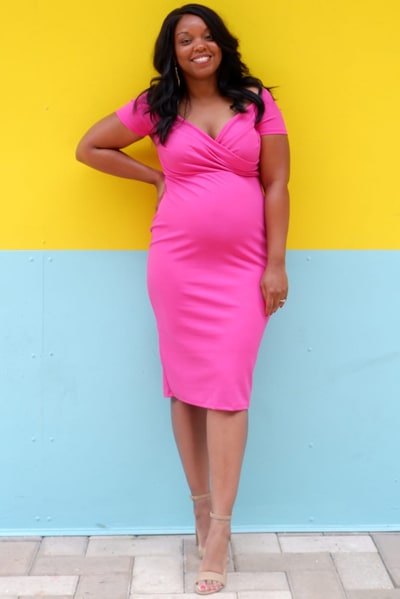 PinkBlush Magenta Solid Off Shoulder Maternity Fitted Dress