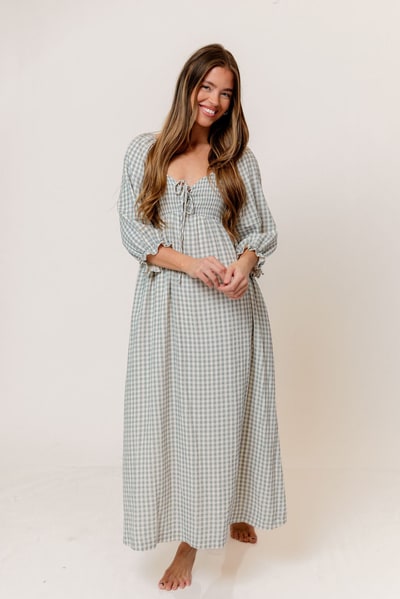 Worth Collective Cecilia 100% Cotton Smocked Maxi Dress in Light Indigo Plaid (Lined) - Bump Friendly