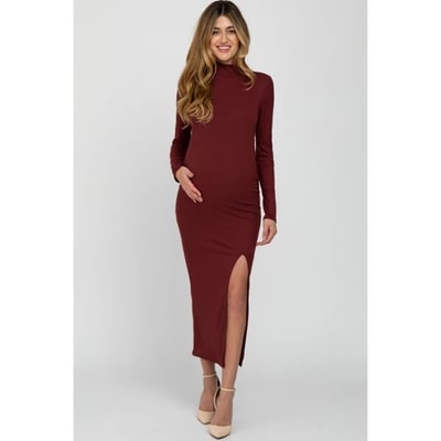 Target PinkBlush Burgundy Ribbed Mock Neck Side Slit Maternity Maxi Dress Burgundy Small