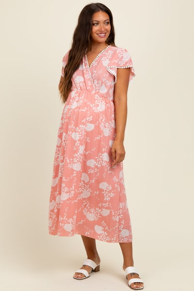 PinkBlush Peach Floral Crochet Trim Maternity Midi Dress